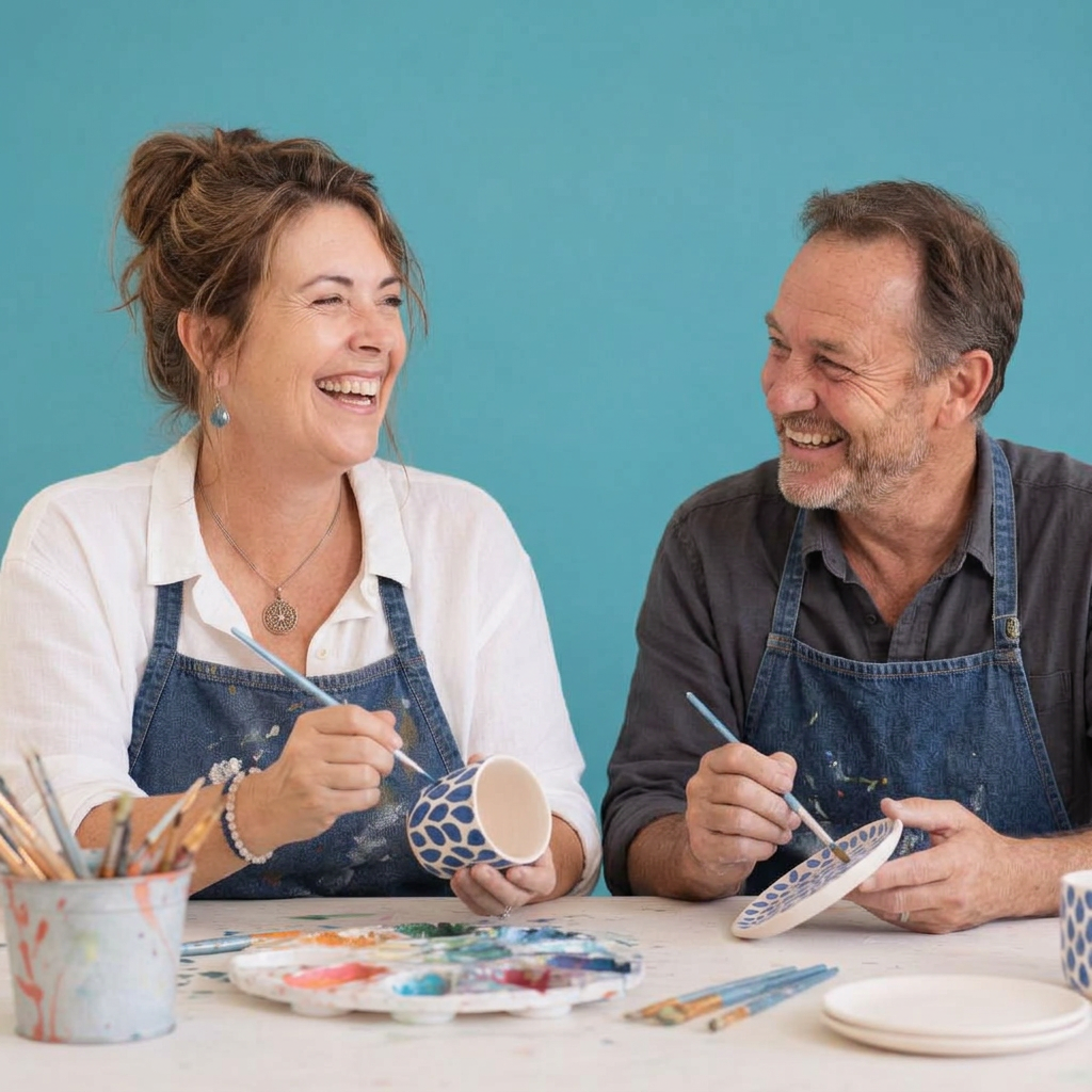 Two people smiling and painting ceramics together