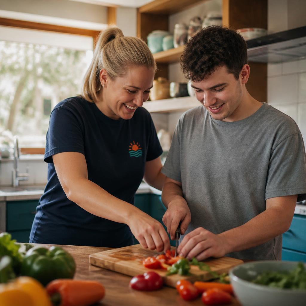 A support worker and participant preparing a meal together in a bright coastal kitchen