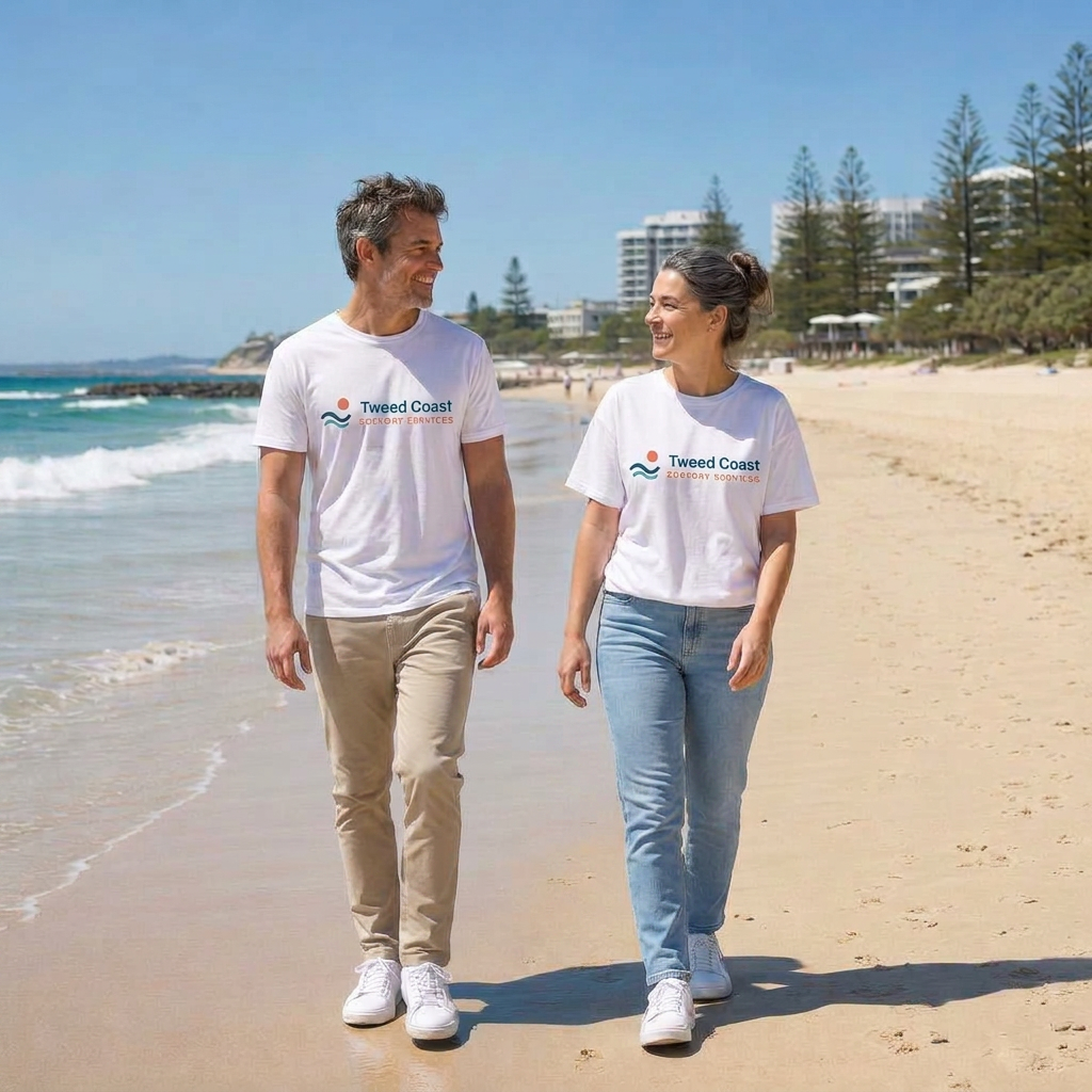 A support worker and participant walking together on a sunny beach wearing Tweed Coast Support Services t-shirts
