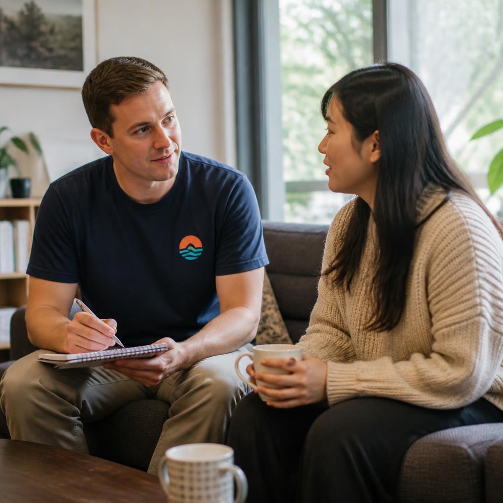 A recovery coach and participant chatting warmly on a couch, taking notes together